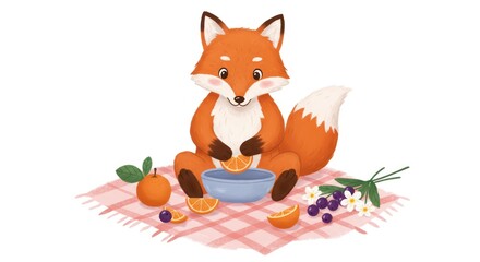 Obraz premium Cute cartoon fox enjoying a citrus fruit snack on a checkered picnic blanket with berries and flowers.