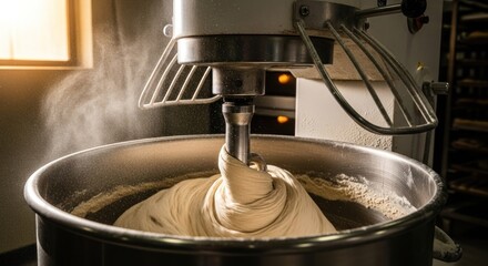 Dough mixing in a bakery machine. Steam rising