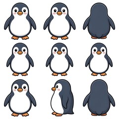 Naklejka premium Collection of Adorable Penguin Illustrations Featuring Front, Side, and Back Views on a White Background Suitable for Children's Content