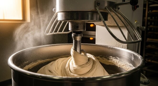 Dough mixing in a bakery machine. Steam rising