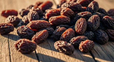 Obraz premium Dried plums scattered on a wooden surface