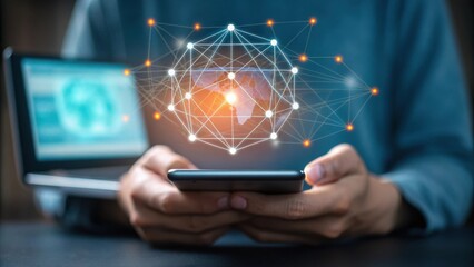 Person holding a smartphone with a glowing digital network overlay symbolizing connectivity and technology