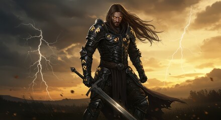 Dark knight in full armor, long hair, holding sword, stormy sunset background.