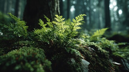 Sunlit ferns in a misty forest creating a serene and atmospheric scene
