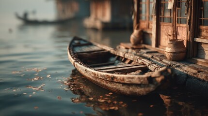 Fototapeta premium Tranquil Waterside Scene: An Old Wooden Boat Resting Near Rustic Architecture