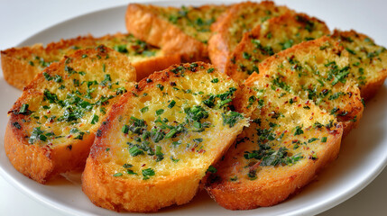 Golden Garlic Bread Slices with Herbs on a White Plate