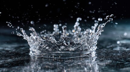Crown-like water splash on dark surface.  Possible use Education