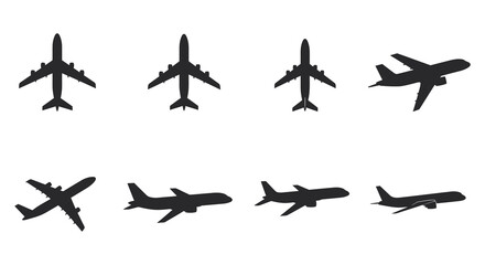 Set of Airplane Icons in Various Flying Positions Silhouette