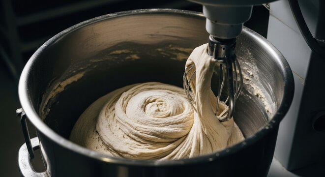 Dough being mixed in a large stainless steel mixer