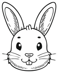 Cute cartoon rabbit face illustration black and white line art coloring page