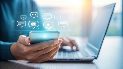 Person using smartphone and laptop with digital communication icons overlay for modern connectivity and business