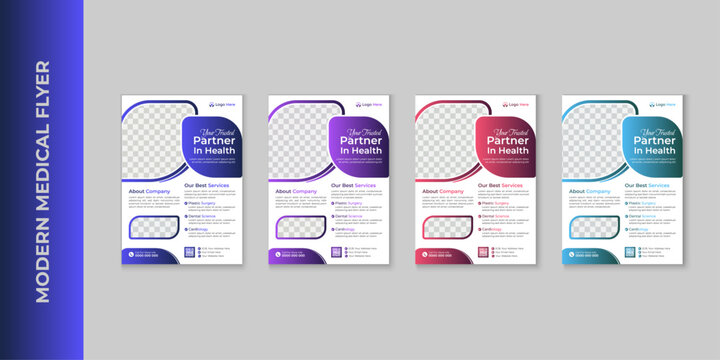 Modern Medical Flyer Vector Template Healthcare, Hospital, Clinic, Doctor Services Promotion, Editable Professional Health Brochure Layout for Medical Marketing in Blue, Purple, Red, and Teal Colors