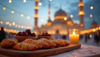 Iftar feast celebration with croissants, dates served at grand mosque, illuminated by warm string lights. Culinary tradition of Mediterranean hospitality, creating atmosphere of community joy, peace,