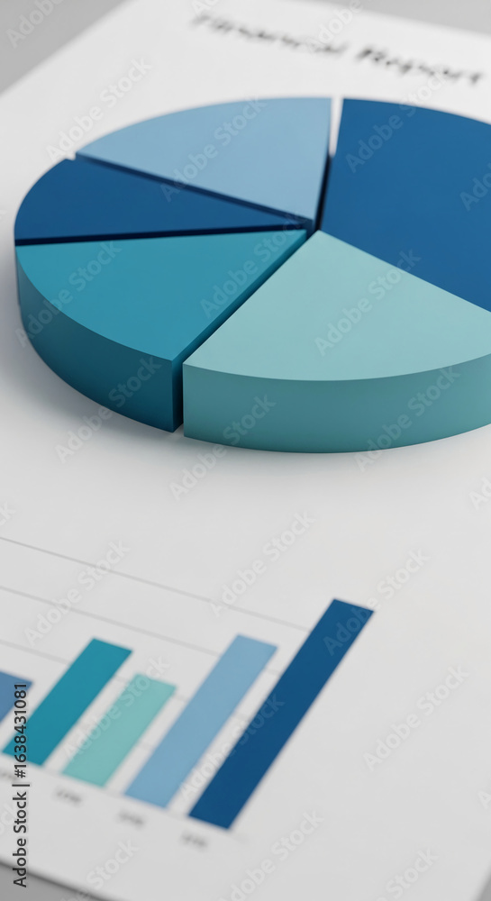Poster 3d pie chart on paper, showing segmented data in shades of blue, illustrating business analytics or 
