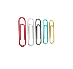 Row of Seven Brightly Colored Classic Metal Paperclips – Red, Silver, White, Black, Purple, Teal, and Yellow Office Supplies on White Background