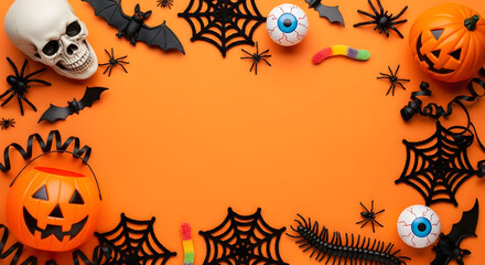 Halloween themed flat lay with skull, bats, spiderwebs, spiders, pumpkins, and candy on orange background