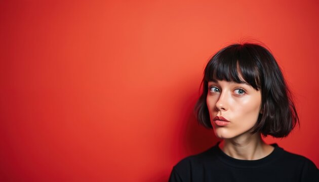 Young woman making funny face against vibrant red background. Playful expression, quirky look suggest candid, joyful mood with touch of silliness. High-fidelity portrait captures personality, emotion