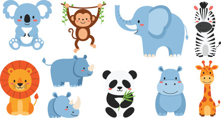 Obraz premium Cute cartoon animals, global wildlife illustrations, children’s educational design, zoo animals, playful vector set, nursery decor, animal characters, nature theme