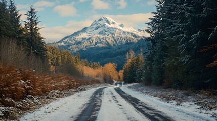 Snowy mountain road winter wonderland scenic drive