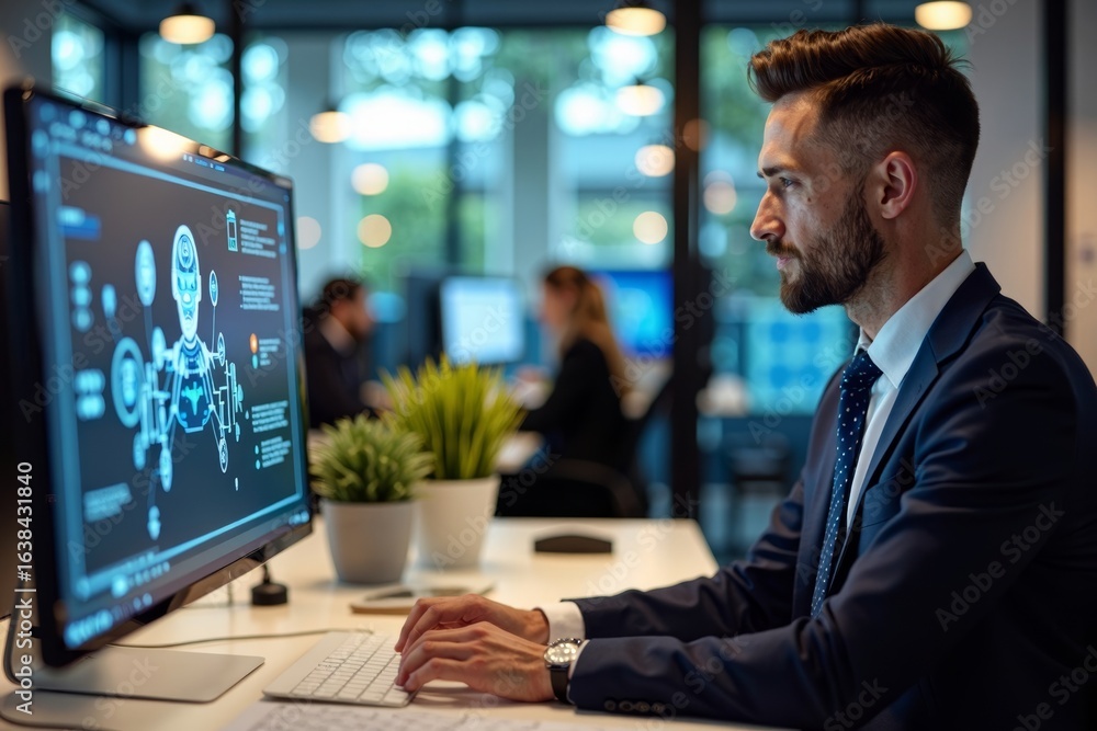 Poster integral integration: corporate manager utilizing ai technology in modern office environment