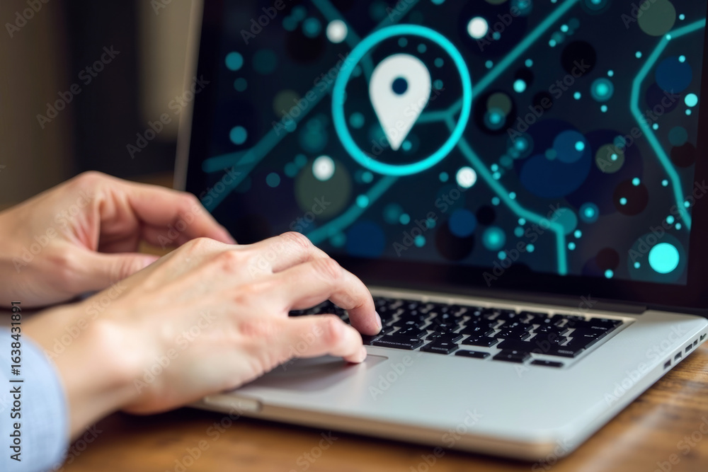 Poster the power of technology: hand using laptop with gps navigation pointer