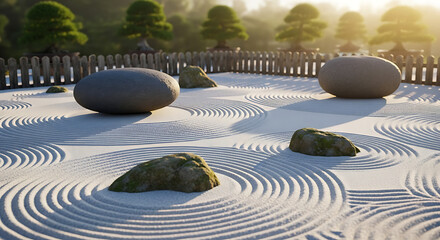 Zen garden at sunrise with raked sand and stones