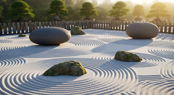 Zen garden at sunrise with raked sand and stones - Powered by Adobe