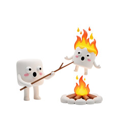 Obraz premium Cute marshmallows roasting over a campfire isolated on transparent background
