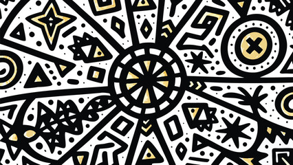 Abstract geometric pattern with black lines and gold accents on a white background design element style