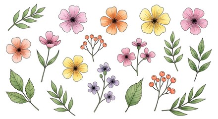Watercolor Floral Assortment Featuring Delicate Flowers Berries and Leaves in a Charming and Versatile Design
