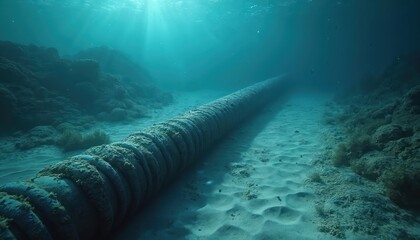 Underwater internet cable connecting continents lies deep on ocean floor. Massive fiber optic pipeline, crucial part of global communication infrastructure, built with modern materials. Sunlight