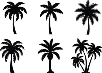 Obraz premium Black palm tree silhouette vector set with tropical leaves, beach and summer design, island, vacation, nature and travel artwork.
