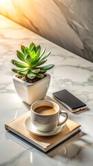 Coffee cup and succulent plant on a marble table