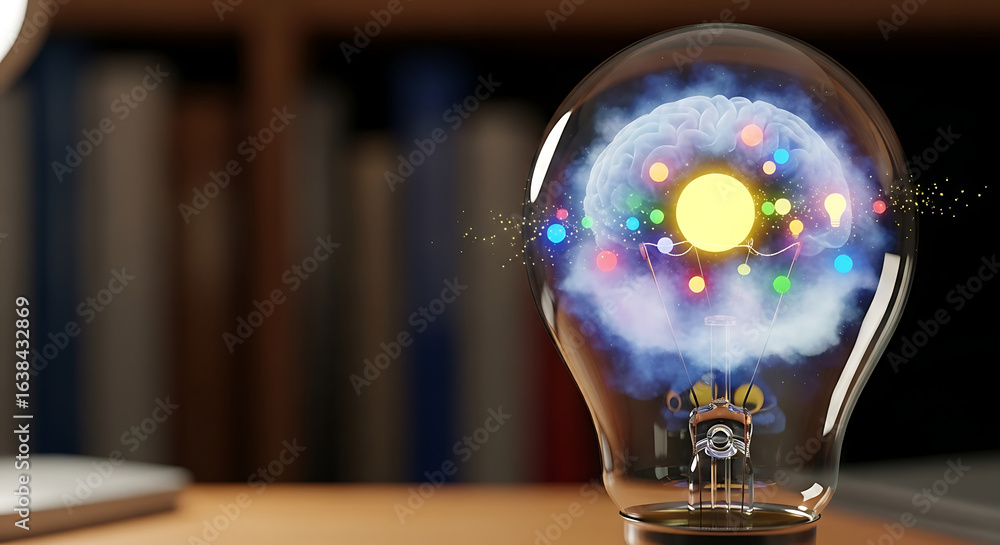 Poster light bulb with colorful brain and ideas illuminated inside