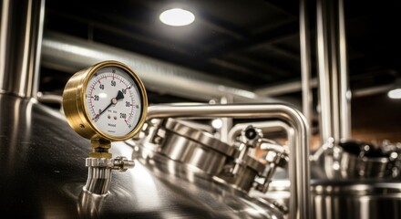 Close-up of industrial brewing equipment. Stainless steel tanks, brass pressure gauge, and piping dominate the image