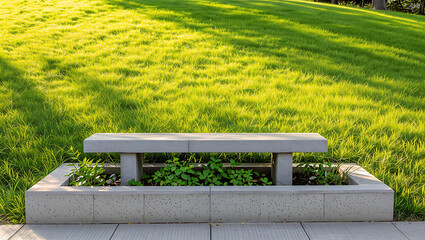 Serene stone bench amidst lush greenery and sunlight
