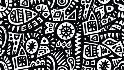 Abstract black and white pattern featuring various geometric shapes and organic looking elements creating a dense design
