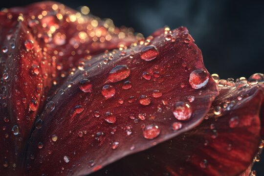 Dewdrops on Red Flower Petal, Close-up Macro Shot, Dark Background, Nature Photography - Powered by Adobe