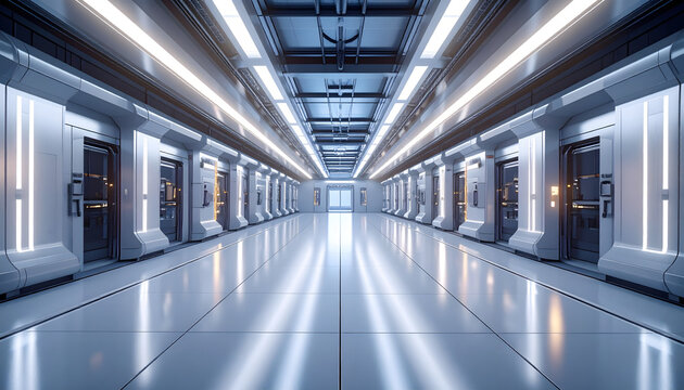 Futuristic spaceship corridor with glowing doors and reflective floor. - Powered by Adobe