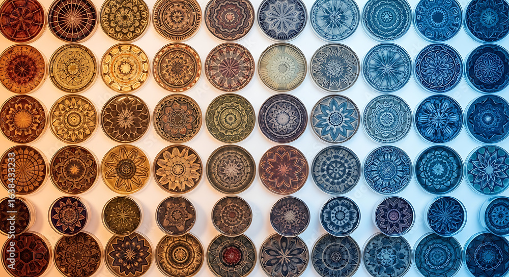 Poster wall display of intricate patterned plates in various colors