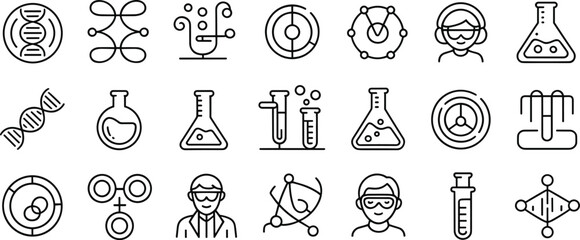 Science and laboratory icons, DNA structure, test tubes, beakers, chemical reactions,  lab tools, scientific research, molecular graphics, educational icons, chemical lab items, biology elements