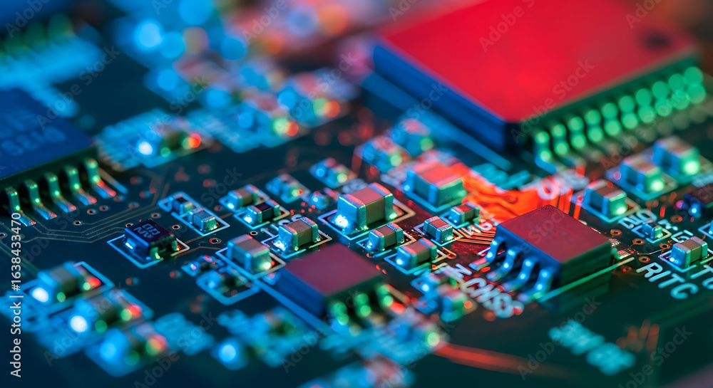 Poster close-up view of a colorful circuit board with electronic components