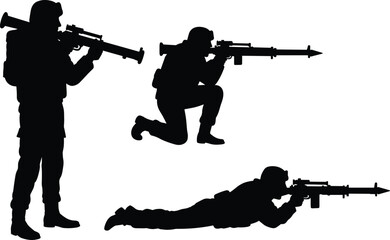Silhouettes of soldiers aiming rocket launchers and rifles in standing, kneeling, and prone firing positions, military combat, tactical gear, vector black and white illustration