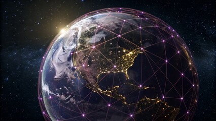 Earth with a network overlay showing global connections and communication technology