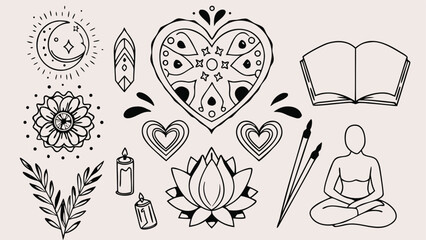 Illustration of spiritual and artistic elements including moon, heart, lotus, book, and meditating figure