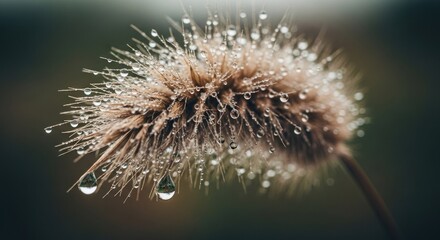 Close-up of a seed head, covered in dew drops
