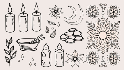 Illustration of spa and wellness elements including candles, flowers, stones, and beauty products design