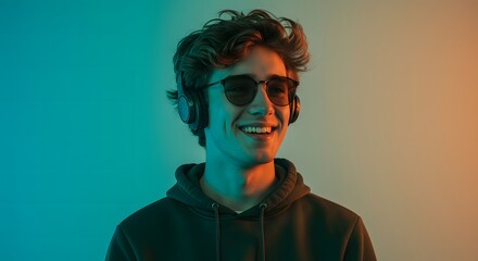 Young Boy Listening to Music Minimal Style Stock Image