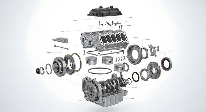 Detailed view of an engine assembly with labeled parts