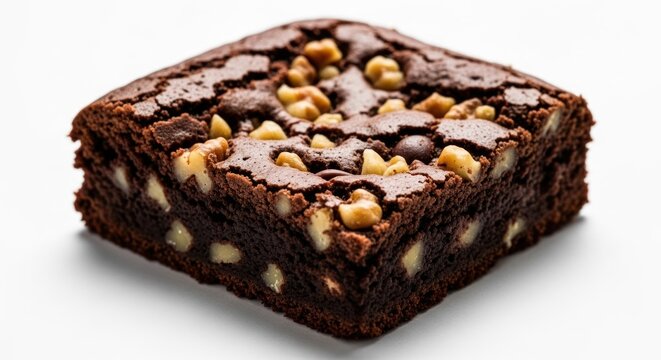 Close-up of a rich, dark chocolate brownie.  A square piece, studded with walnuts and chocolate - Powered by Adobe